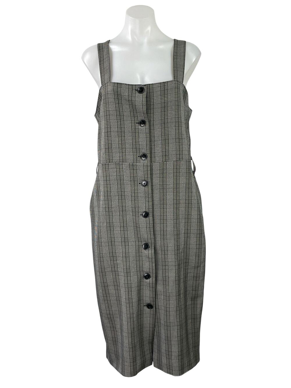 E Hyphen World Gallery Gray Plaid Sleeveless Button Up Overalls Midi Dress Sz M
